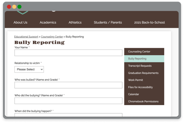 Screenshot of school website bully reporting example