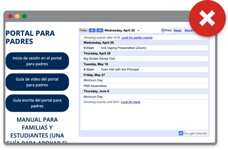 Screenshot showing embedded Google Calendar doesn’t translate, when the rest of the page is translated into Spanish.-1