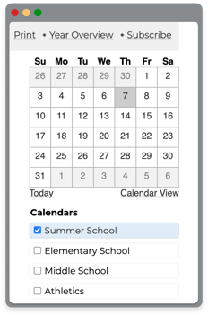 Screenshot showing embedded Google Calendar with Summer School calendar selected.