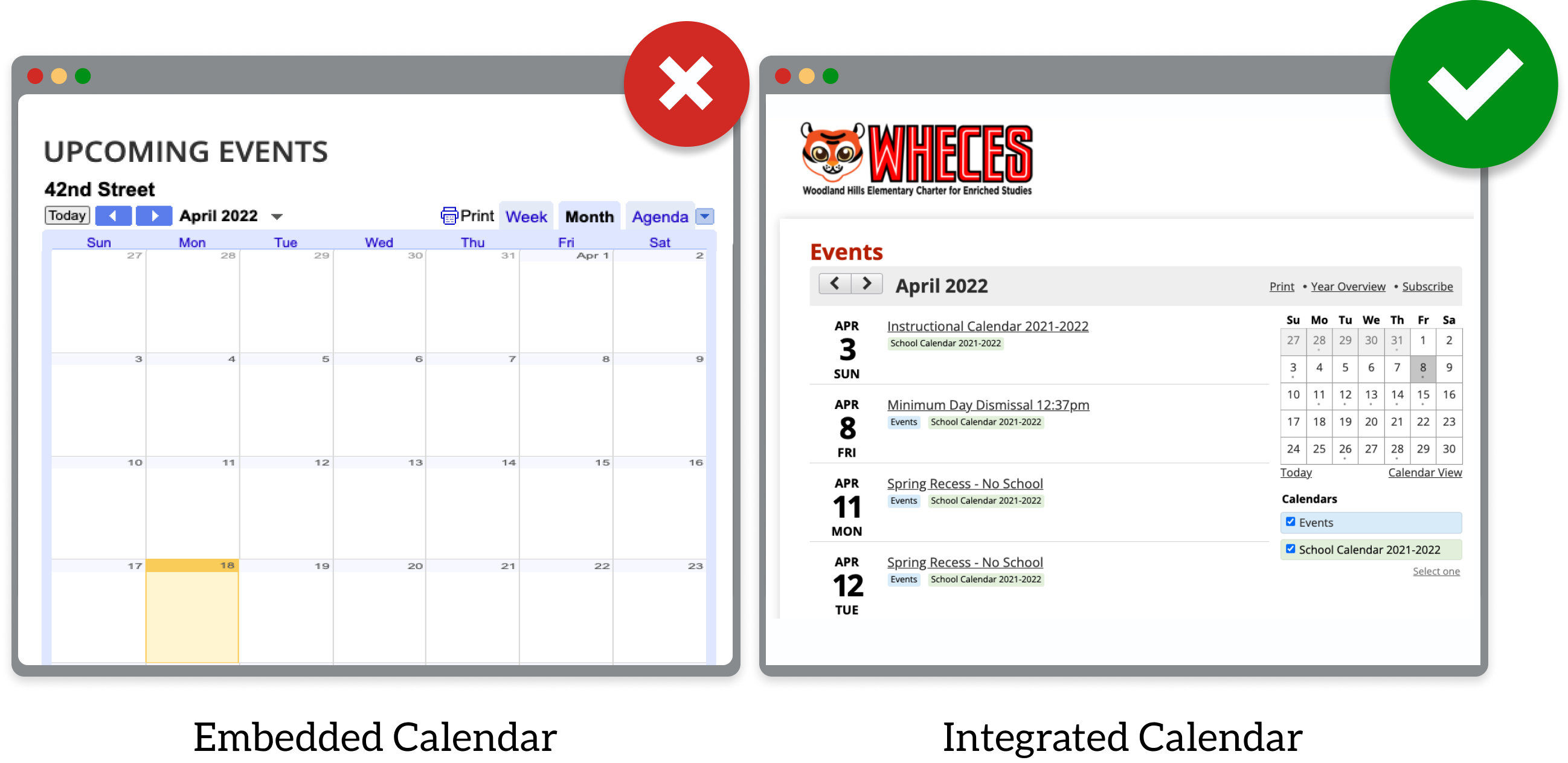 Screenshots demonstrative integrated vs embedded calendars on websites